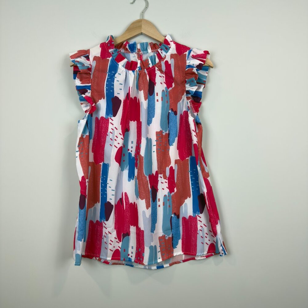 Allimy Women Summer Ruffle Trim Neckline Tank Tops Double Lined Chiffon Blouses